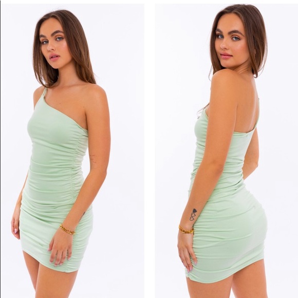 Sage Green One Shoulder Ruched Bodycon Mini Dress - Picture 4 of 5